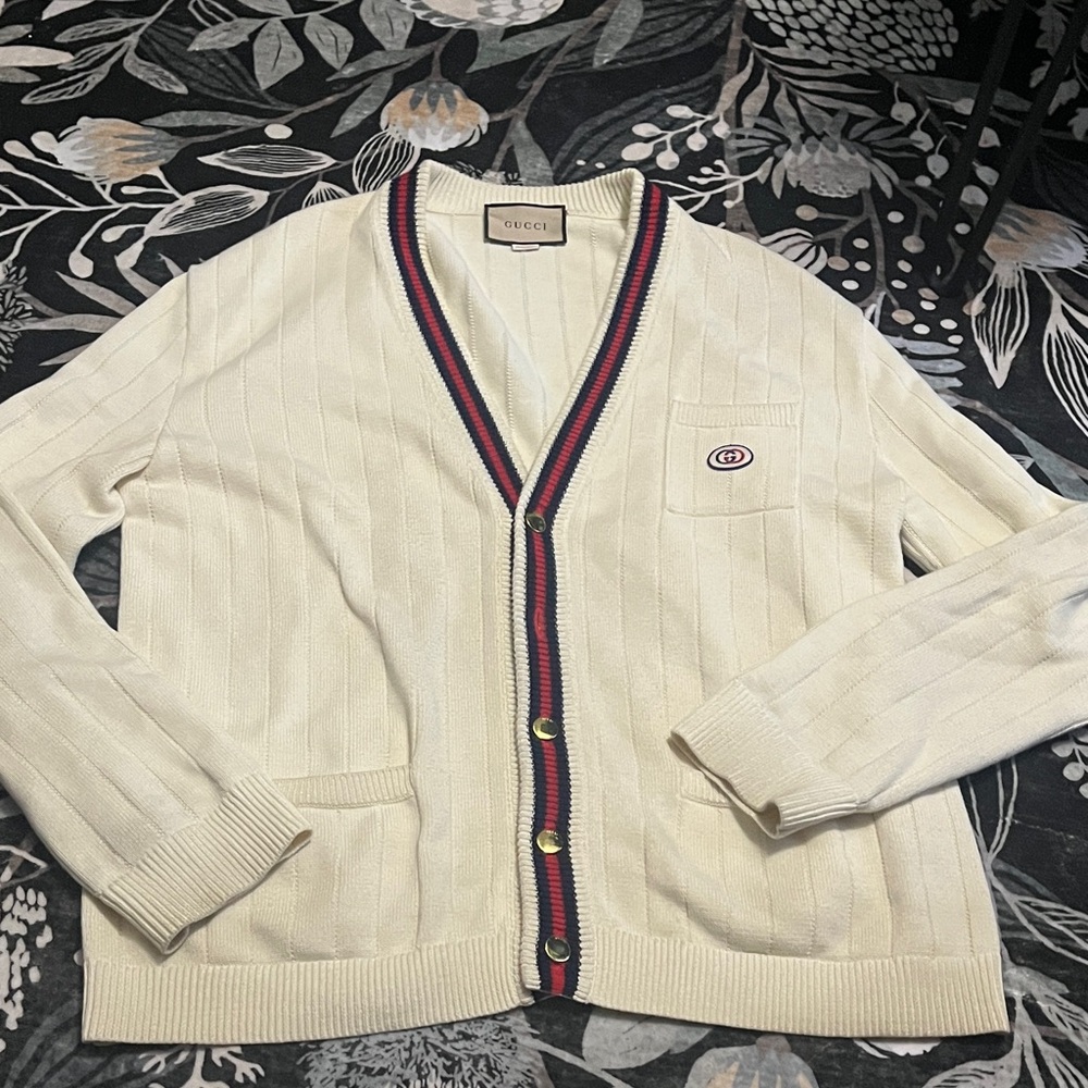 Gucci Men's Cream Cardigan with Red and Blue Trim